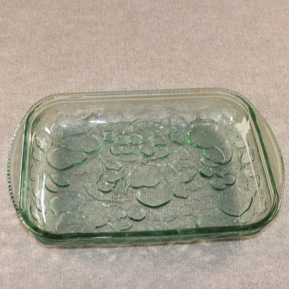 Vintage Green Glass Embossed Fruit Pattern Rectangular Serving Dish Tray 14 Inch
